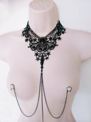 Black Choker Necklace to Nipple Chains, Domina Lingerie