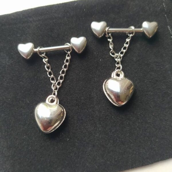 Silver Heart Nipple Bars Barbell with dangle chains