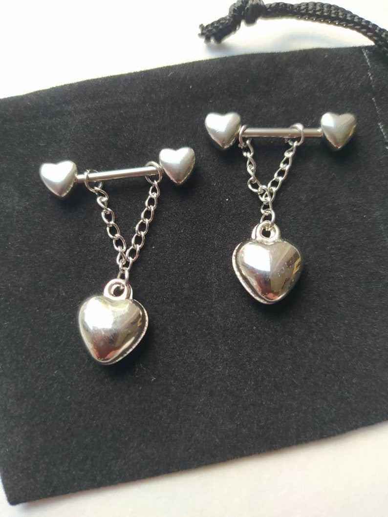 Silver Heart Nipple Bars Barbell with dangle chains