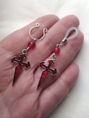 Non Piercing Nipple Rings with Retro Dangle Garnet Enameled Cross