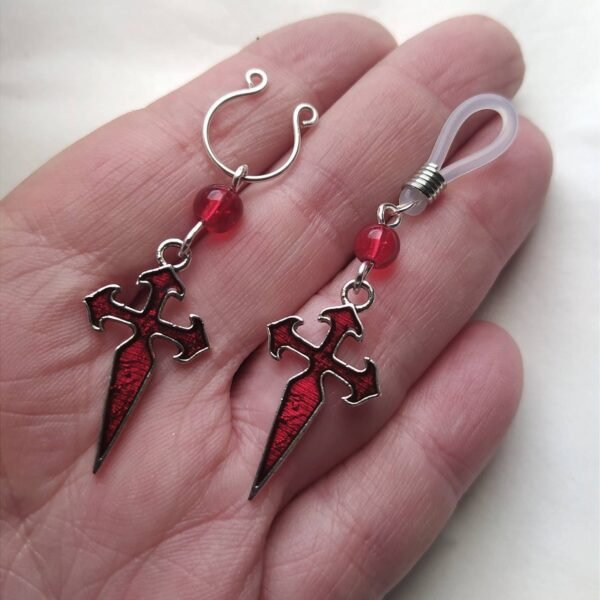 Non Piercing Nipple Rings with Retro Dangle Garnet Enameled Cross