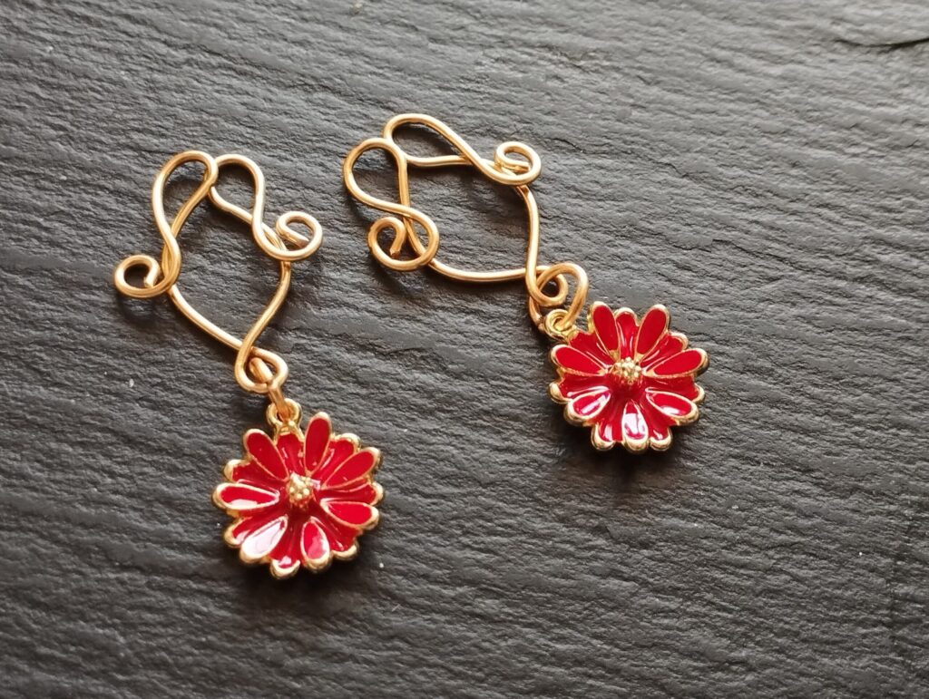 Adjustable Clip On Nipple Jewelry, Nipple Rings No Piercing with Enamel Red Flowers