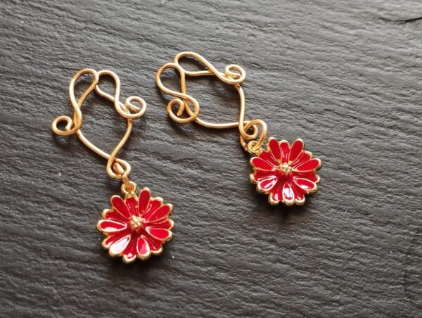 Adjustable Clip On Nipple Jewelry, Nipple Rings No Piercing with Enamel Red Flowers