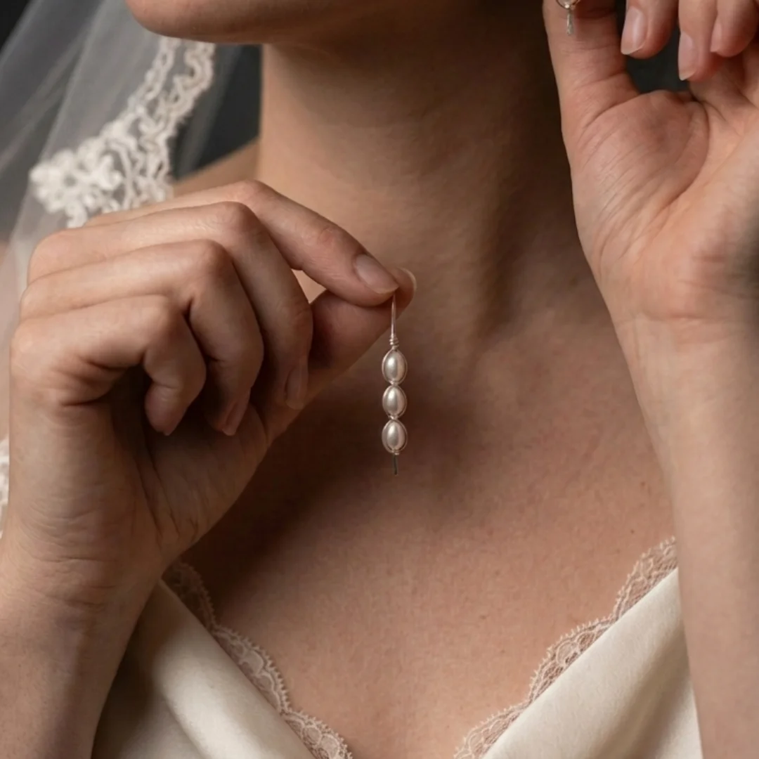 Wire wrapped pearl earrings worn — long marquise drop earring with pearl cage, REPIOR® handmade jewellery England